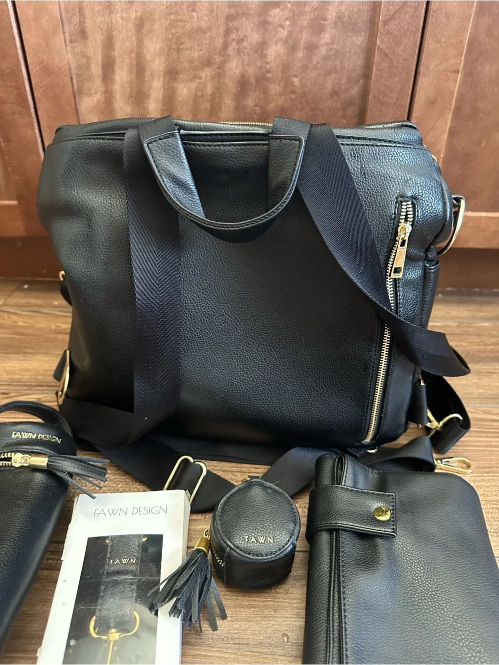 Fawn Design Black Leather Convertible Backpack Set with Gold Hardware